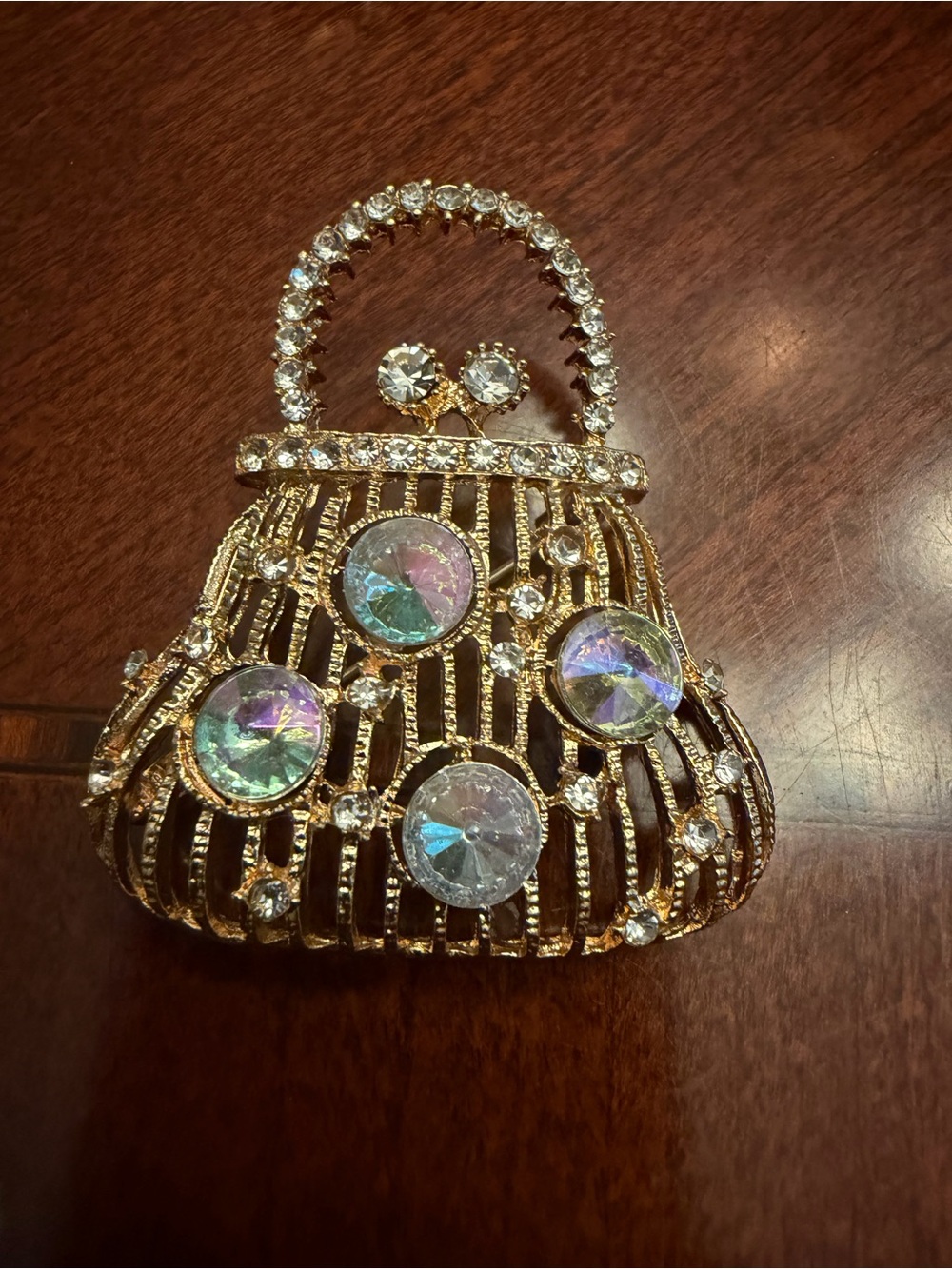 Crystal-Embellished Gold Evening Bag Brooch